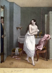 Fille dans une salle de bain et homme ouvrant la porte, 1825